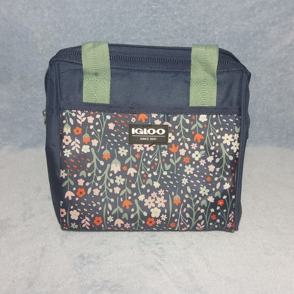 Igloo 9 Can Soft Cooler Lunch Bag Floral Print Insulated Tote Navy Blue Green